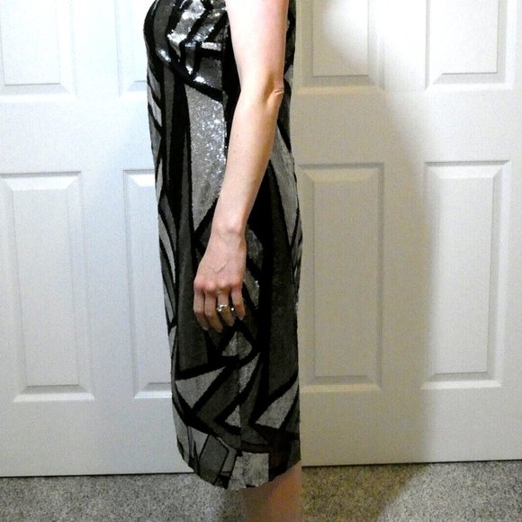 Sequin Dress Size 8 Prom Black Gray Silver Geometric Sparkles Cutout Back OOAK - Picture 4 of 11